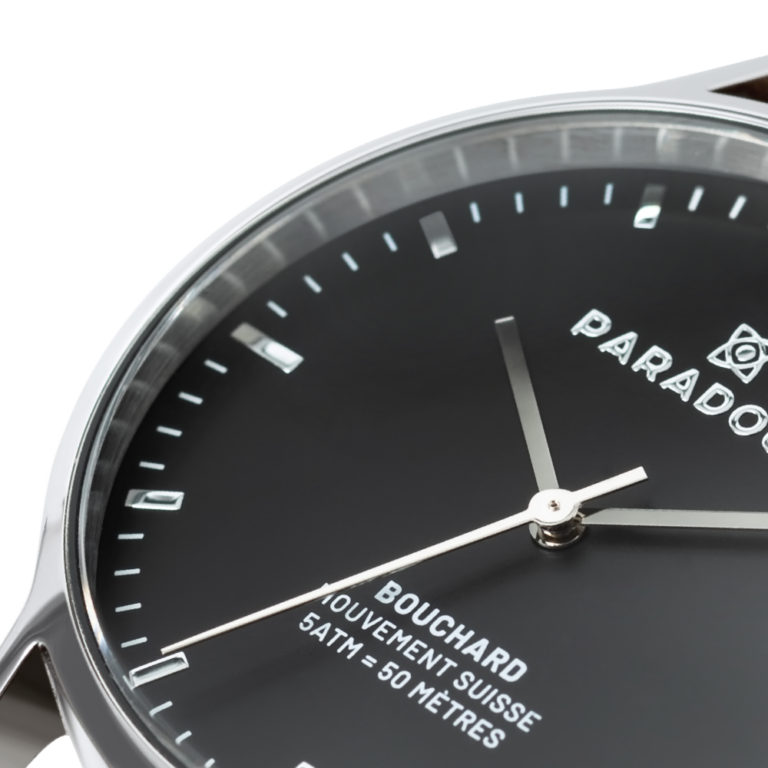 Bouchard silver black dial + black leather strap Paradoux